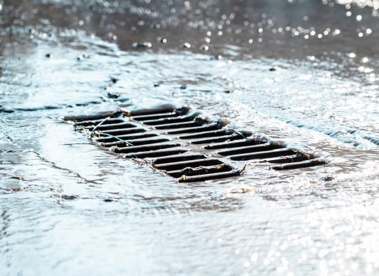The grate of the storm sewer after the rain. The water drains into the storm drain. Sun glare, defocused background